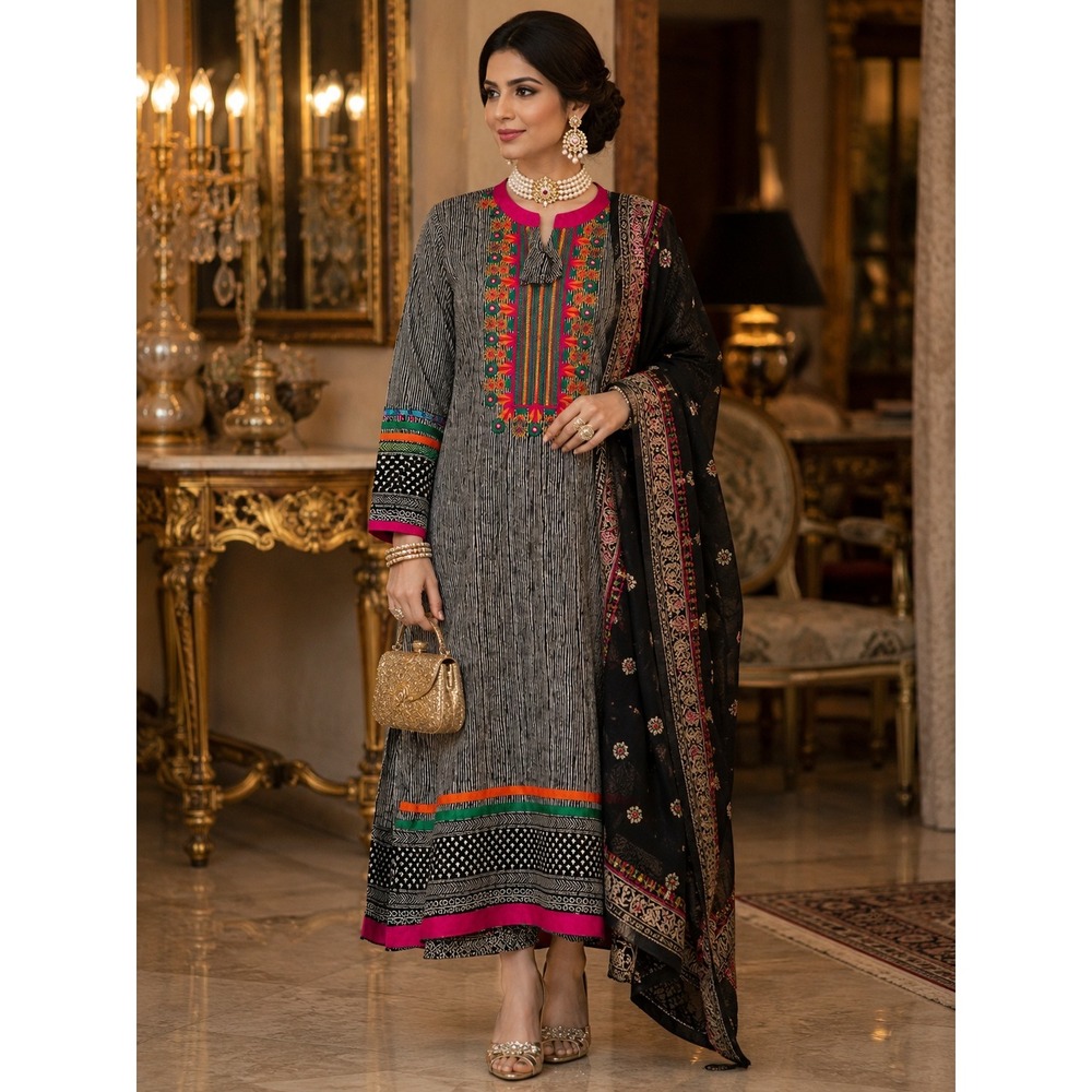 South Asian Kameez Kurta Tunic Womens Medium Black White Pink Embroidered Good